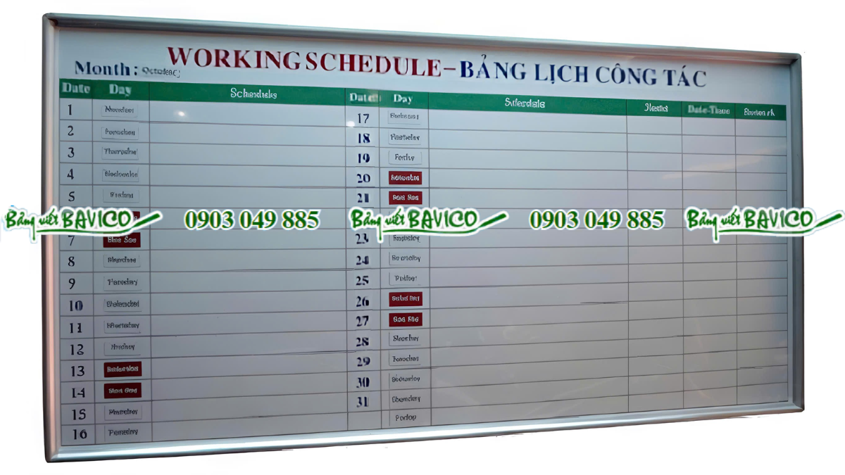 Bảng lịch công tác bút lông 1m2 x 2m4